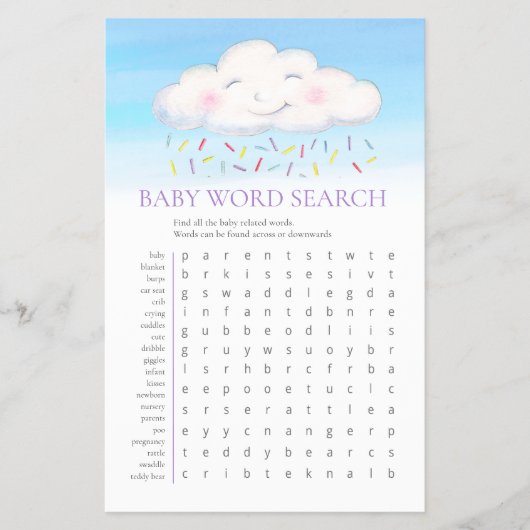Baby shower wolken woord zoeken baby match spel flyer (Voorkant)