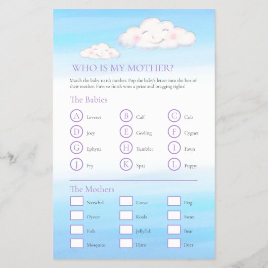 Baby shower wolken woord zoeken baby match spel flyer (Achterkant)