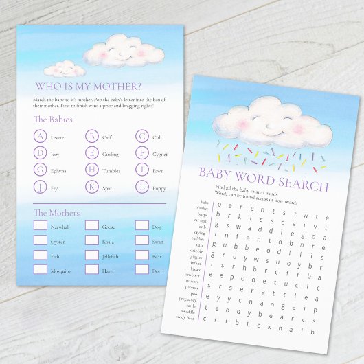 Baby shower wolken woord zoeken baby match spel flyer