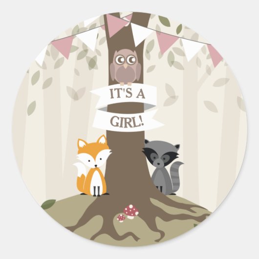 Baby shower Woodland Animals - Girl Ronde Sticker (Voorkant)