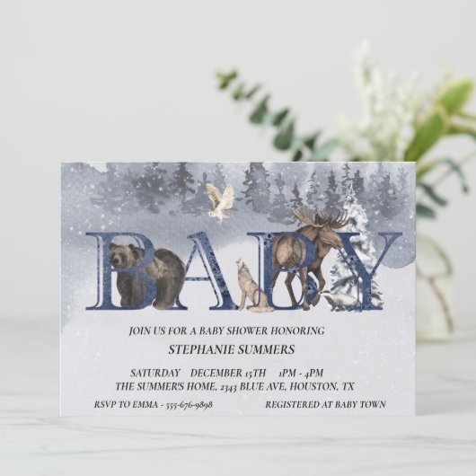 Baby shower Woodland Beer Winter Waterverf Kaart (Staand voorkant)