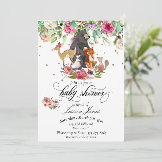Baby shower Woodland Dieren Floral Pink Girl Kaart (Staand voorkant)