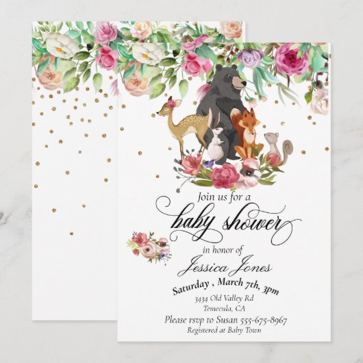 Baby shower Woodland Dieren Floral Pink Girl Kaart (Voorkant / Achterkant)