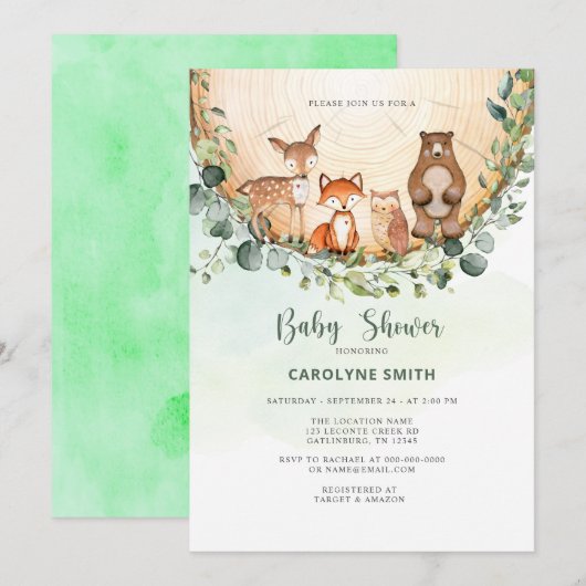 Baby shower Woodland Forest Greenery Wilde Dieren Kaart (Voorkant / Achterkant)