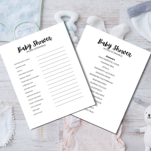 Baby Shower Woord Ontscramble Game Briefhoofd (Baby Shower Word Scramble printable game details and answer sheet)