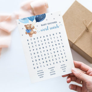 Baby shower Woord Zoeken Game Teddy Bear Blauw Kaa Kaart