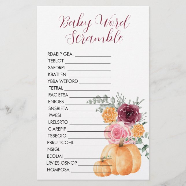 Baby Shower Woordzoekopdracht Fall Pumpkin Burgund (Voorkant)