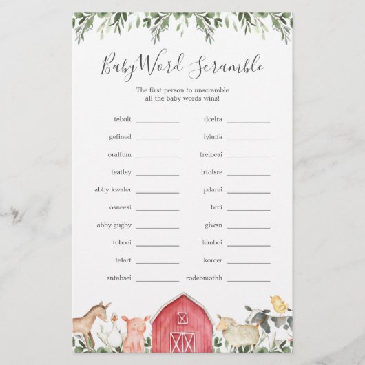 Baby Shower Woordzoekspel 'Op de boerderij' (Voorkant)