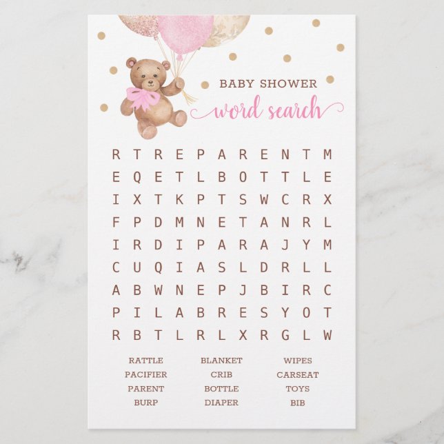 Baby Shower Woordzoekspel Teddybeer Roze (Voorkant)