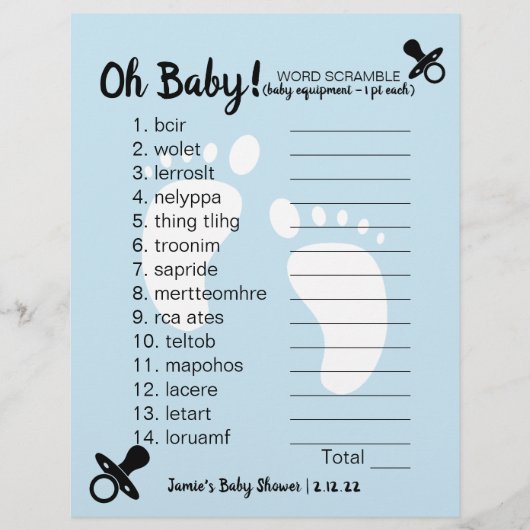 Baby shower Word Scramble Blue (Voorkant)