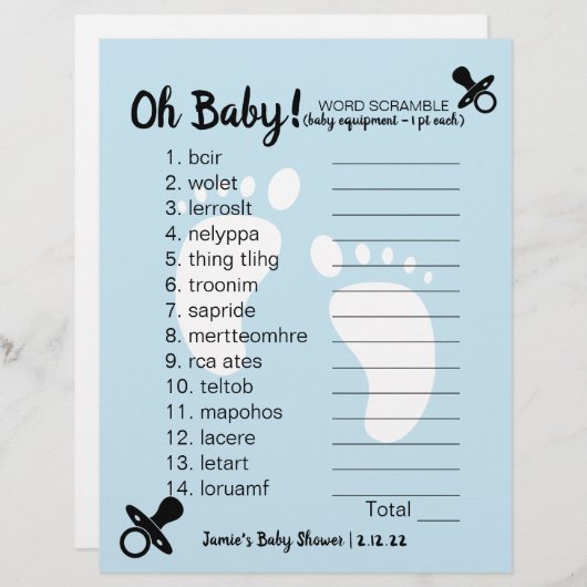 Baby shower Word Scramble Blue (Voorkant / Achterkant)