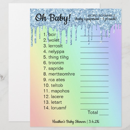 Baby shower Word Scramble Game Ombre (Voorkant / Achterkant)