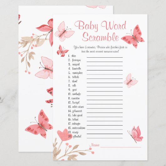 Baby shower Word Scramble Game Pink Butterflies (Voorkant / Achterkant)