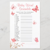 Baby shower Word Scramble Game Pink Butterflies (Voorkant)