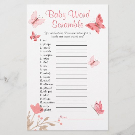 Baby shower Word Scramble Game Pink Butterflies Flyer (Voorkant)