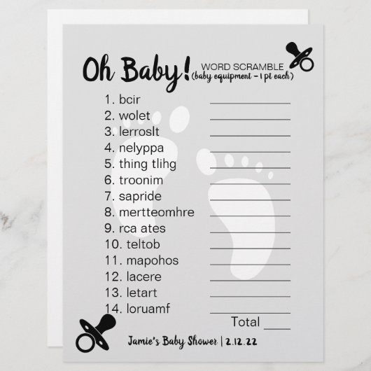 Baby shower Word Scramble Grey (Voorkant / Achterkant)