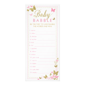 Baby shower Word Scramble spel, Vlinders Reclamekaart