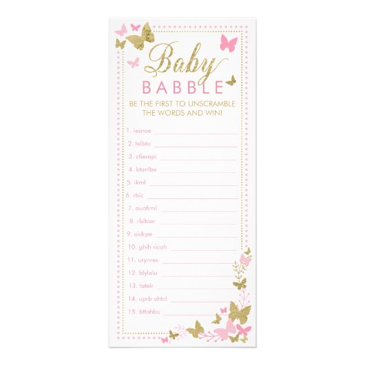 Baby shower Word Scramble spel, Vlinders Reclamekaart (Voorkant)