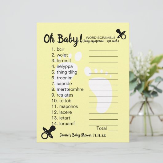 Baby shower Word Scramble Yellow (Staand voorkant)
