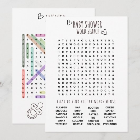 Baby shower Word Search Fun Kaart (Voorkant / Achterkant)