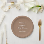 Baby shower zacht bruin minimalistisch papier Bord<br><div class="desc">Baby shower Gentle Brown minimalistische papieren Borden,  eenvoudig te personaliseren met behulp van de online personalisatie sjabloon voordat u bestelt. Het ontwerp op de borden heeft stijlvolle witte belettering in een minimalistische lay-out op een zachte bruine achtergrond.</div>