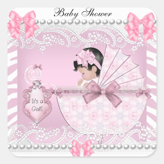  Baby shower Zebra Baby Girl Pink Lace Vierkante Sticker (Voorkant)