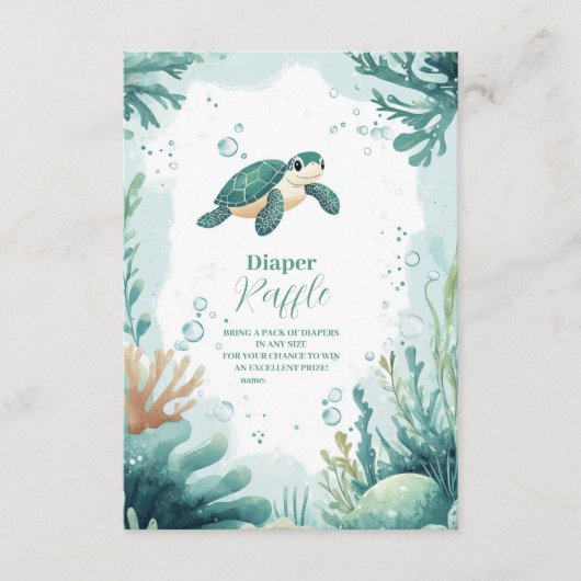 Baby shower Zee Schildpad Waterverf Diapper Raffle Informatiekaartje (Voorkant)