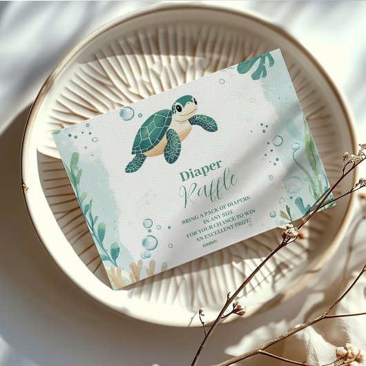 Baby shower Zee Schildpad Waterverf Diapper Raffle Informatiekaartje