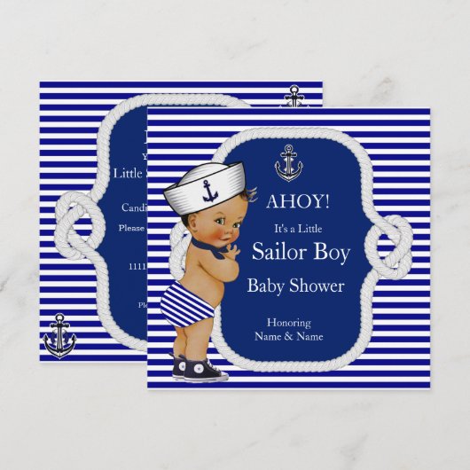 Baby Shower Zeeman Blauw Gestreepte Bruine Haarkle Kaart (Voorkant / Achterkant)