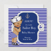 Baby Shower Zeeman Blauw Gestreepte Bruine Haarkle Kaart (Voorkant)
