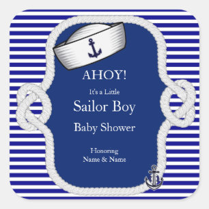 Baby Shower Zeemanshoed Jongen Blauw Gestreept Vierkante Sticker