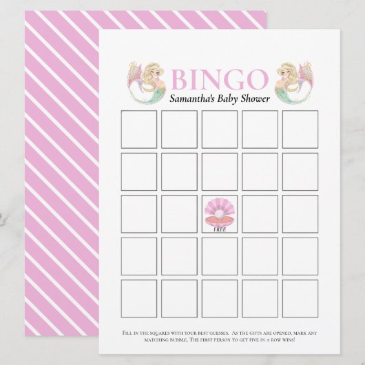 Baby shower Zeemeermin Moeder Roze Wit Bingo Game Kaart (Voorkant / Achterkant)