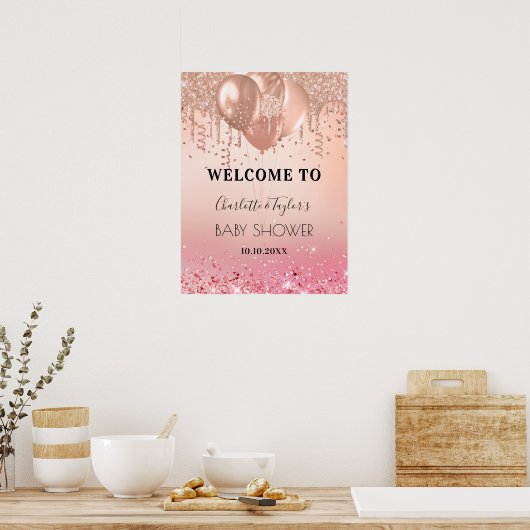 Baby shower zegelbaar roos goud glitter welkom poster (Keuken)