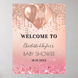 Baby shower zegelbaar roos goud glitter welkom poster