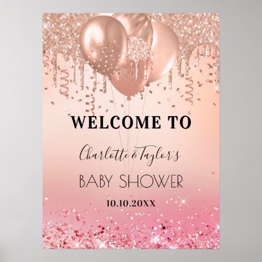 Baby shower zegelbaar roos goud glitter welkom poster (Voorkant)