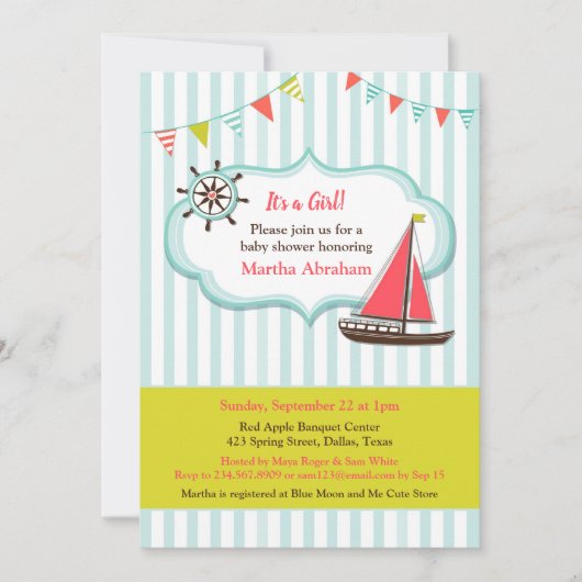 Baby shower Zeilboot Baby Girl Invitation Kaart (Voorkant)
