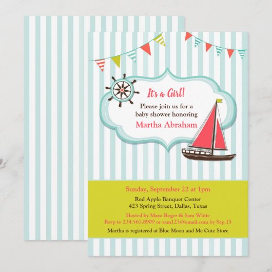 Baby shower Zeilboot Baby Girl Invitation Kaart (Voorkant / Achterkant)