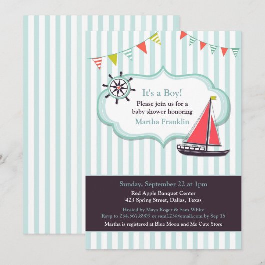 Baby shower Zeilboot Jongensuitnodiging Kaart (Voorkant / Achterkant)