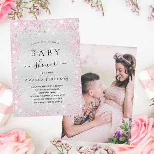 Baby shower zilver glitter roze meisje foto kaart