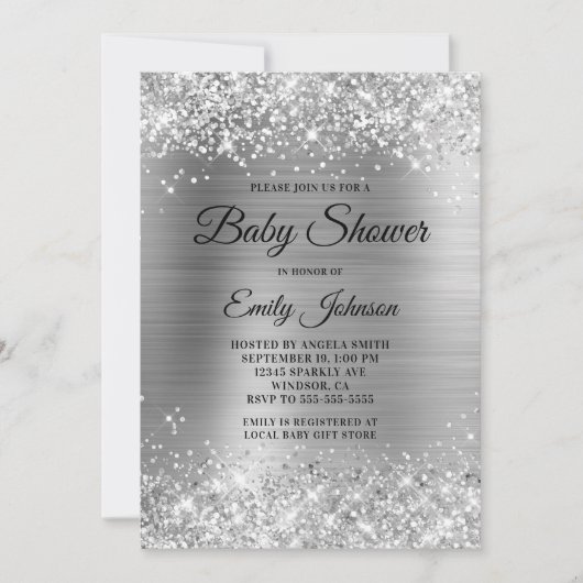 Baby Shower Zilver Glitterende Folie Fancy Script Kaart (Voorkant)