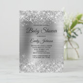 Baby Shower Zilver Glitterende Folie Fancy Script Kaart (Staand voorkant)