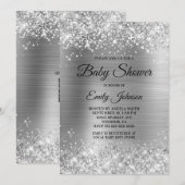 Baby Shower Zilver Glitterende Folie Fancy Script Kaart (Voorkant / Achterkant)