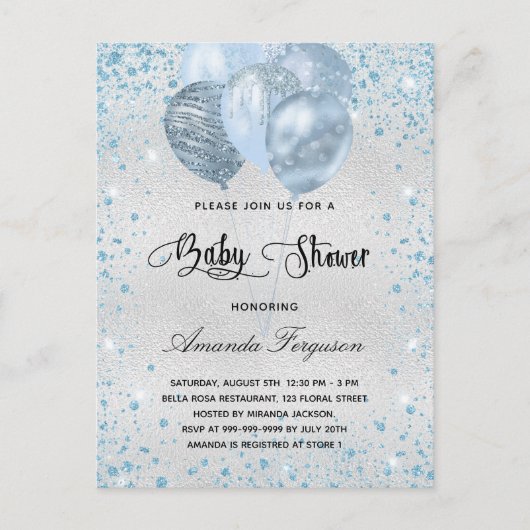Baby shower zilverblauw glitterstof briefkaart (Voorkant)