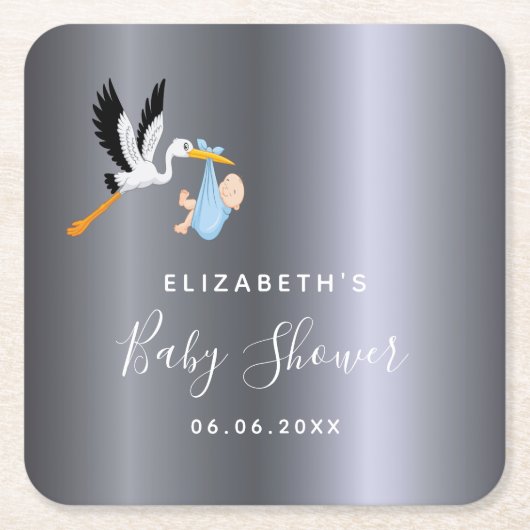 Baby shower zilverblauw kartonnen onderzetters (Voorkant)