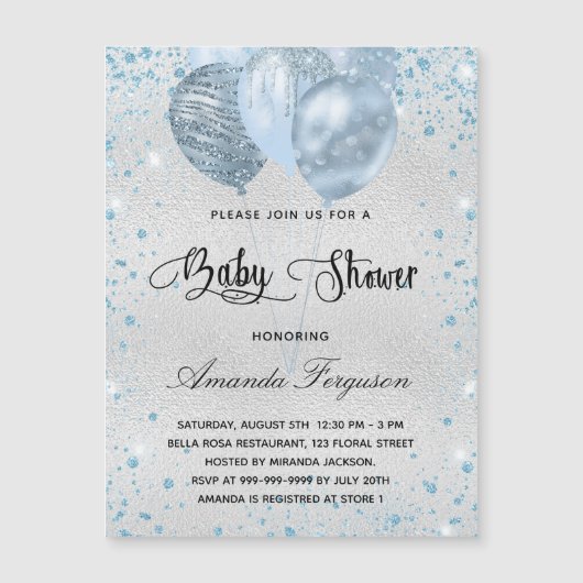 Baby shower zilverblauwe ballons-uitnodigingsmagne (Voorkant)