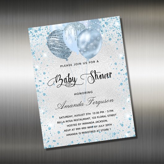 Baby shower zilverblauwe ballons-uitnodigingsmagne