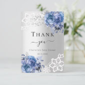 Baby shower zilverblauwe bloemenkant bedankkaart (Staand voorkant)