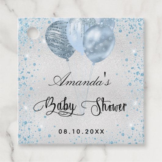 Baby shower zilverblauwe glitterballonnen bedankt bedankjes labels (Voorkant)