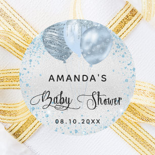 Baby shower zilverblauwe glitterballonnen ronde sticker