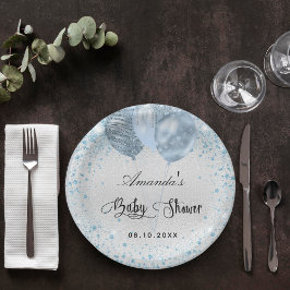 Baby shower zilveren blauwe jongen glitterballonne papieren bordje